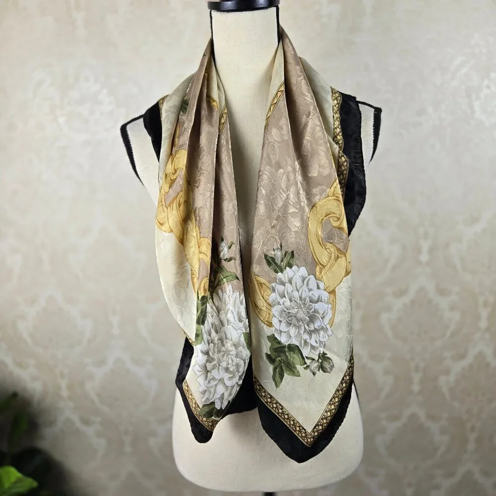 Square Floral Scarf in Cream Tan Green White with Black Border Neutral